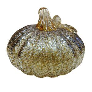 Glass Pumpkin Amber Tinted 4'' x 5'' Curly Stem Fall Harvest Decor